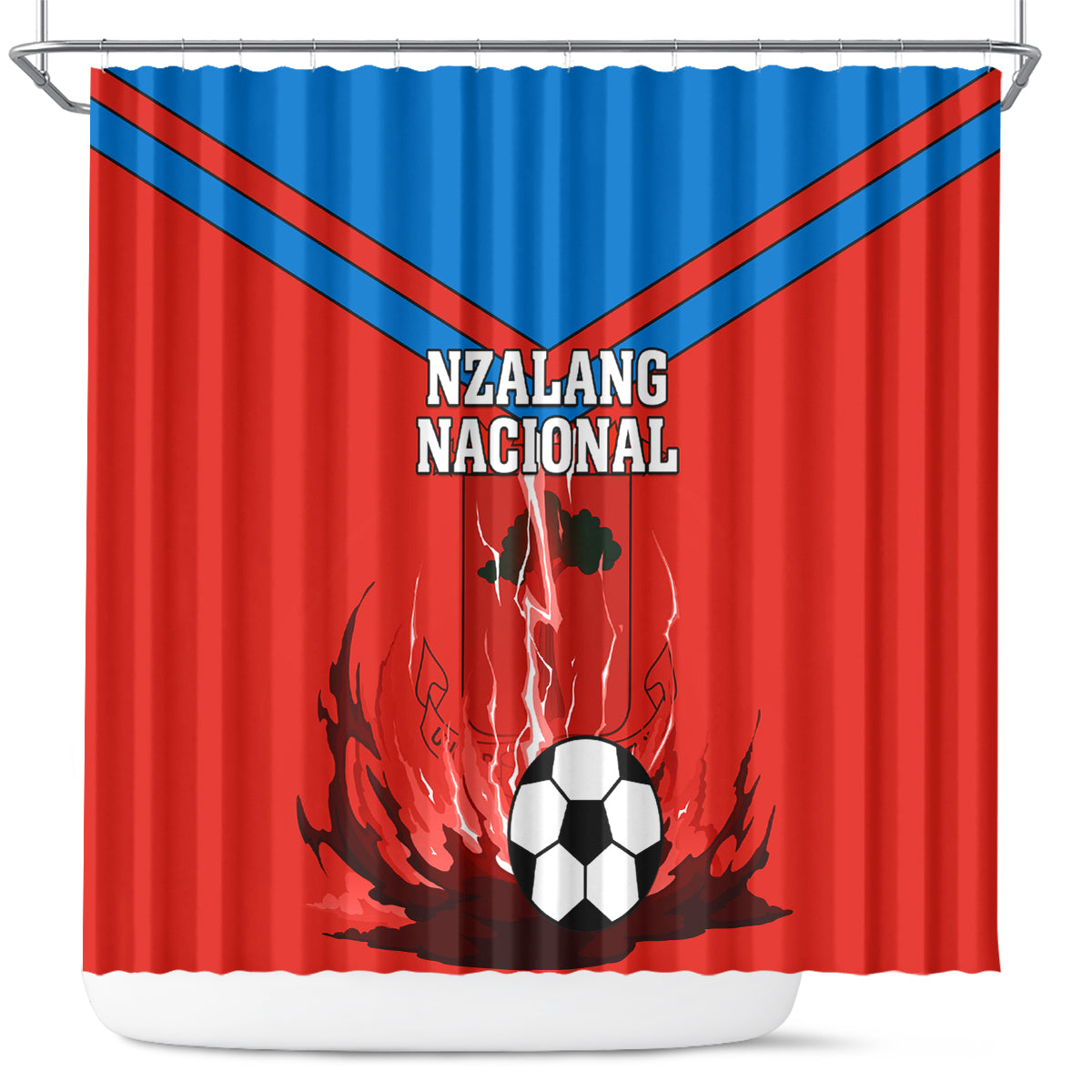 Red and blue football shower curtain with NZALANG NACIONAL, soccer ball, and flame graphics