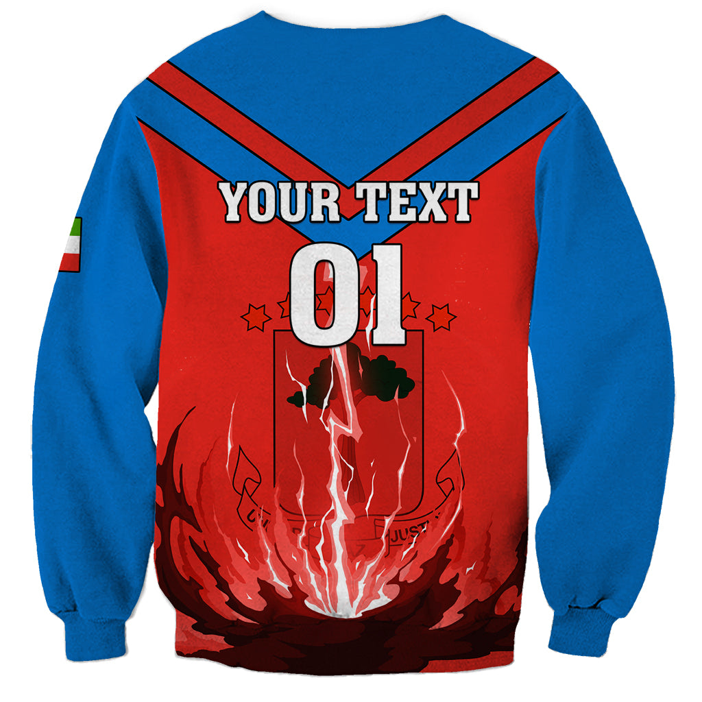 Blue-red football sweatshirt with back graphic text and flames, stars