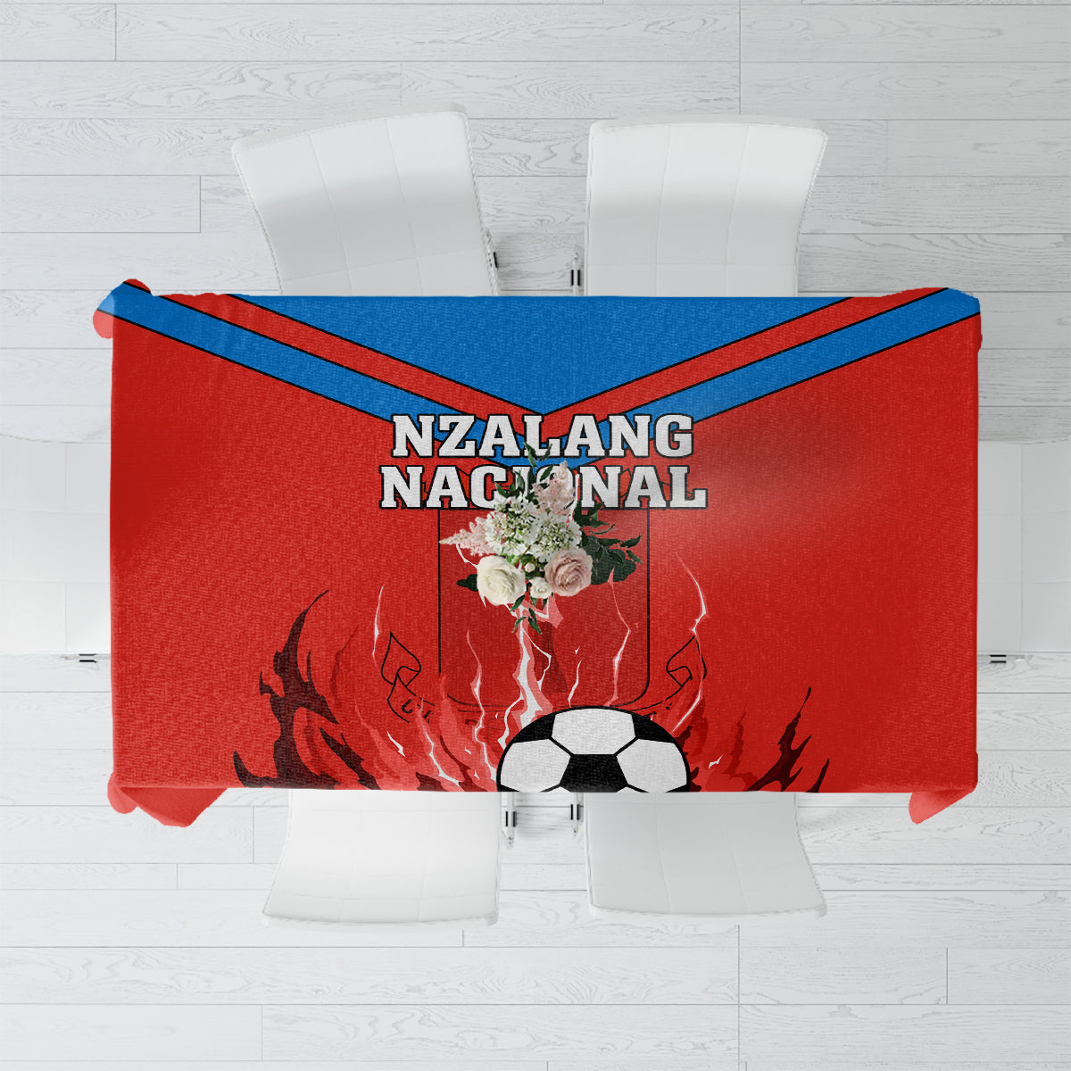 Red football tablecloth with NZALANG NACIONAL text, blue stripe border, central emblem