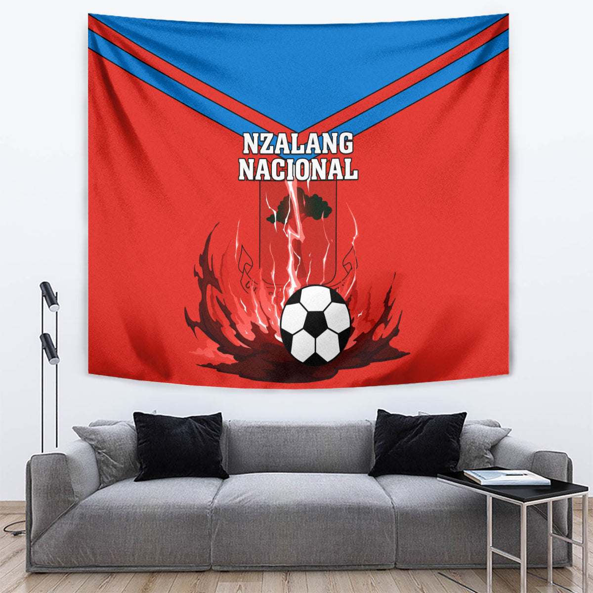 Red football tapestry with NZALANG NACIONAL text, blue stripes, and flaming soccer ball graphic
