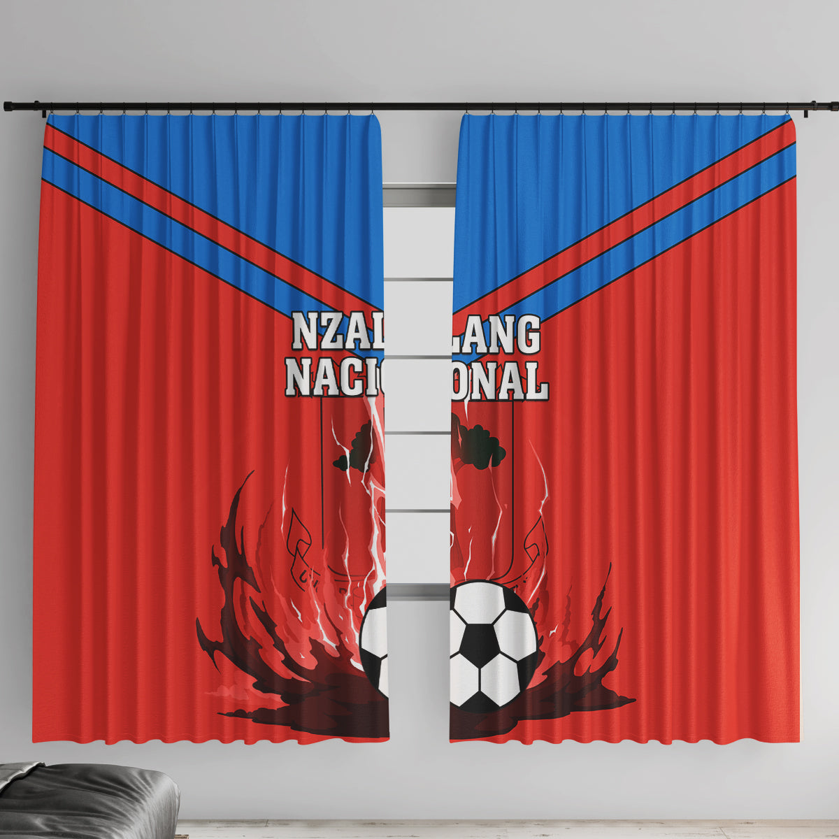 Red and blue football-themed curtain pair with team logo and large soccer ball print