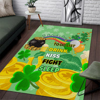 Green shamrock area rug with pot of gold, gold coins, and to-do list text