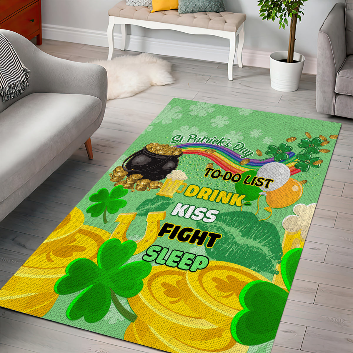 Green shamrock area rug with pot of gold, rainbow, and to-do list wording