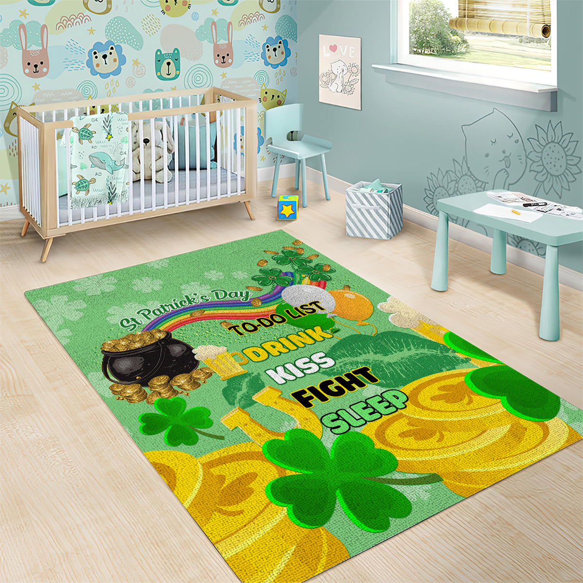 Green shamrock area rug with rainbow, pot of gold, and to-do list design