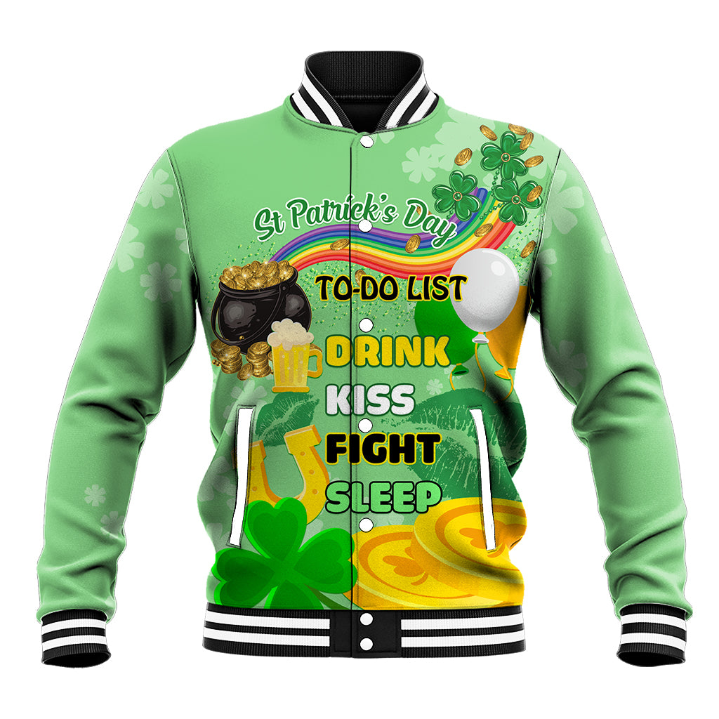 Green unisex baseball jacket with striped trim and St. Patrick’s Day graphic front