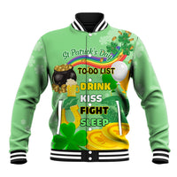 Green unisex baseball jacket with striped trim and St. Patrick’s Day graphic front