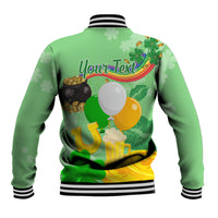 Green baseball jacket back with 'Your Text' and balloons, beer, shamrock print