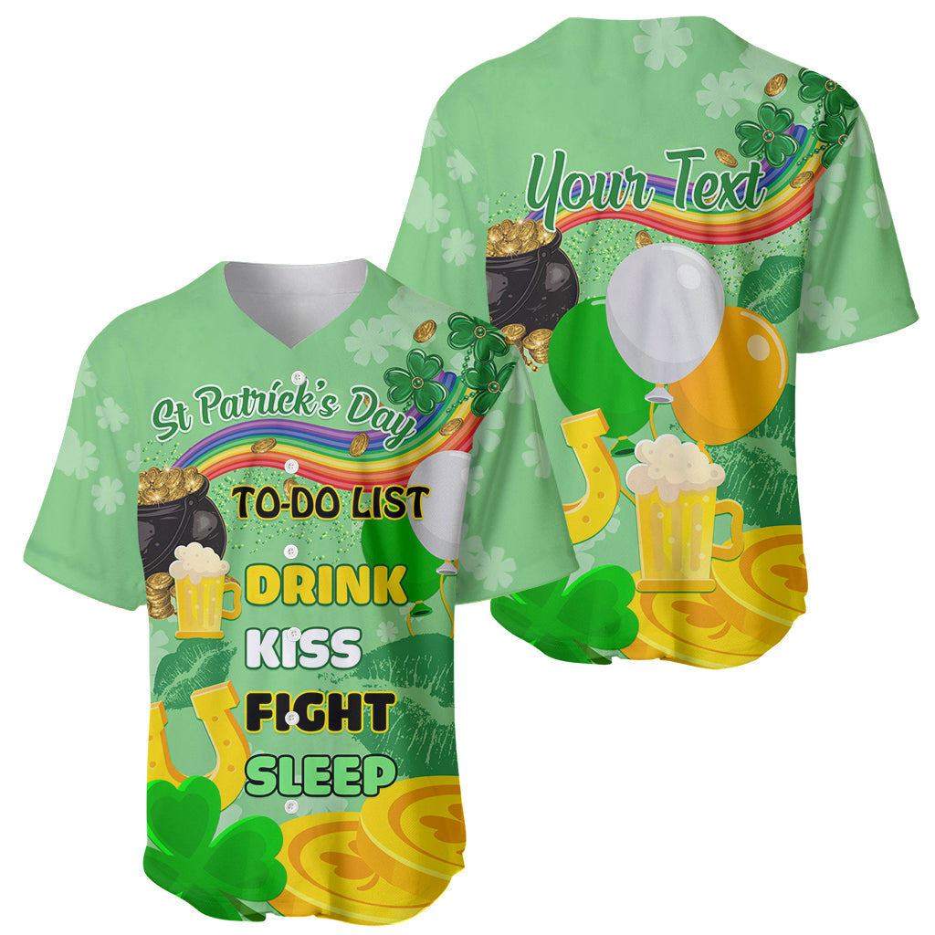 Green baseball jersey front and back, V-neck, shamrock and beer themed graphic
