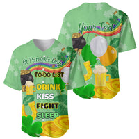 Green baseball jersey front and back, V-neck, shamrock and beer themed graphic