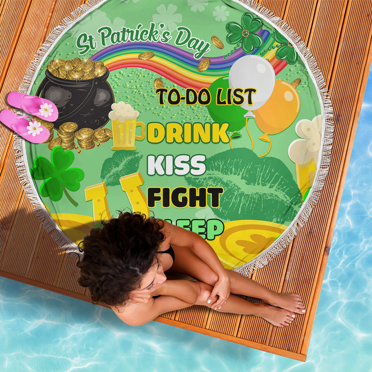Round green beach blanket with white fringe, St Patrick's Day to-do list and clover artwork
