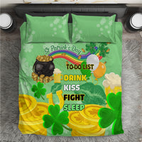 Green bedding set with shamrock print; duvet with two matching pillowcases