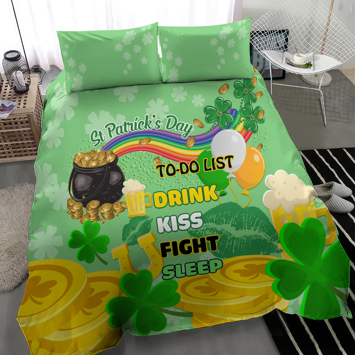 Green St. Patrick's Day duvet with shamrock graphics and “Drink Kiss Fight Sleep” text