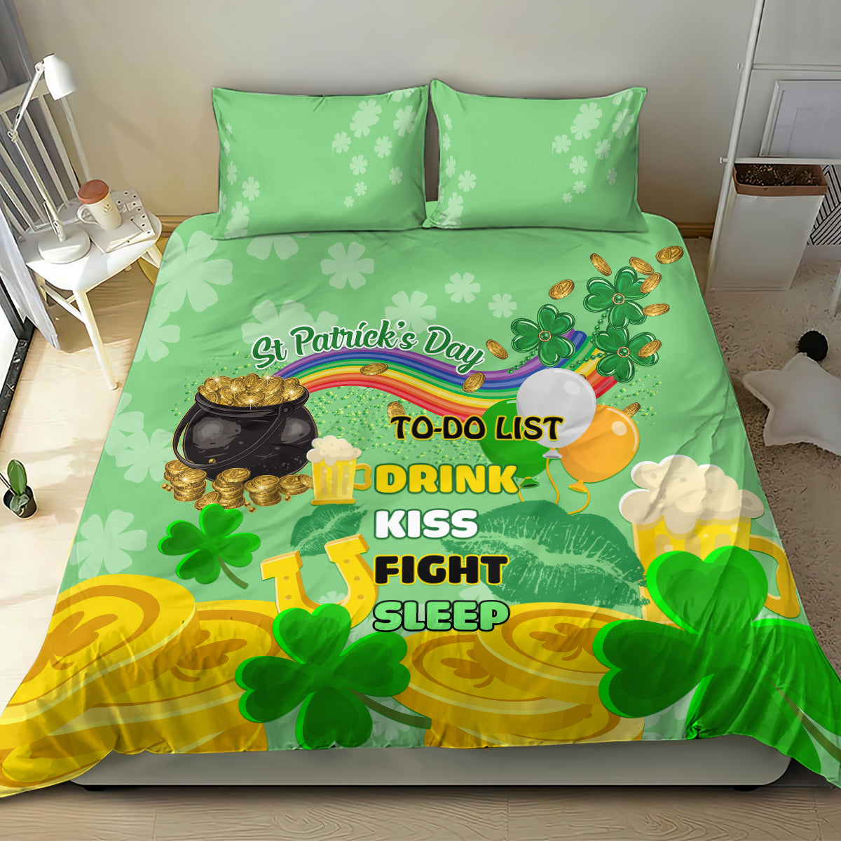 Green shamrock-themed bedding set with St. Patrick's Day text on the duvet and pillows