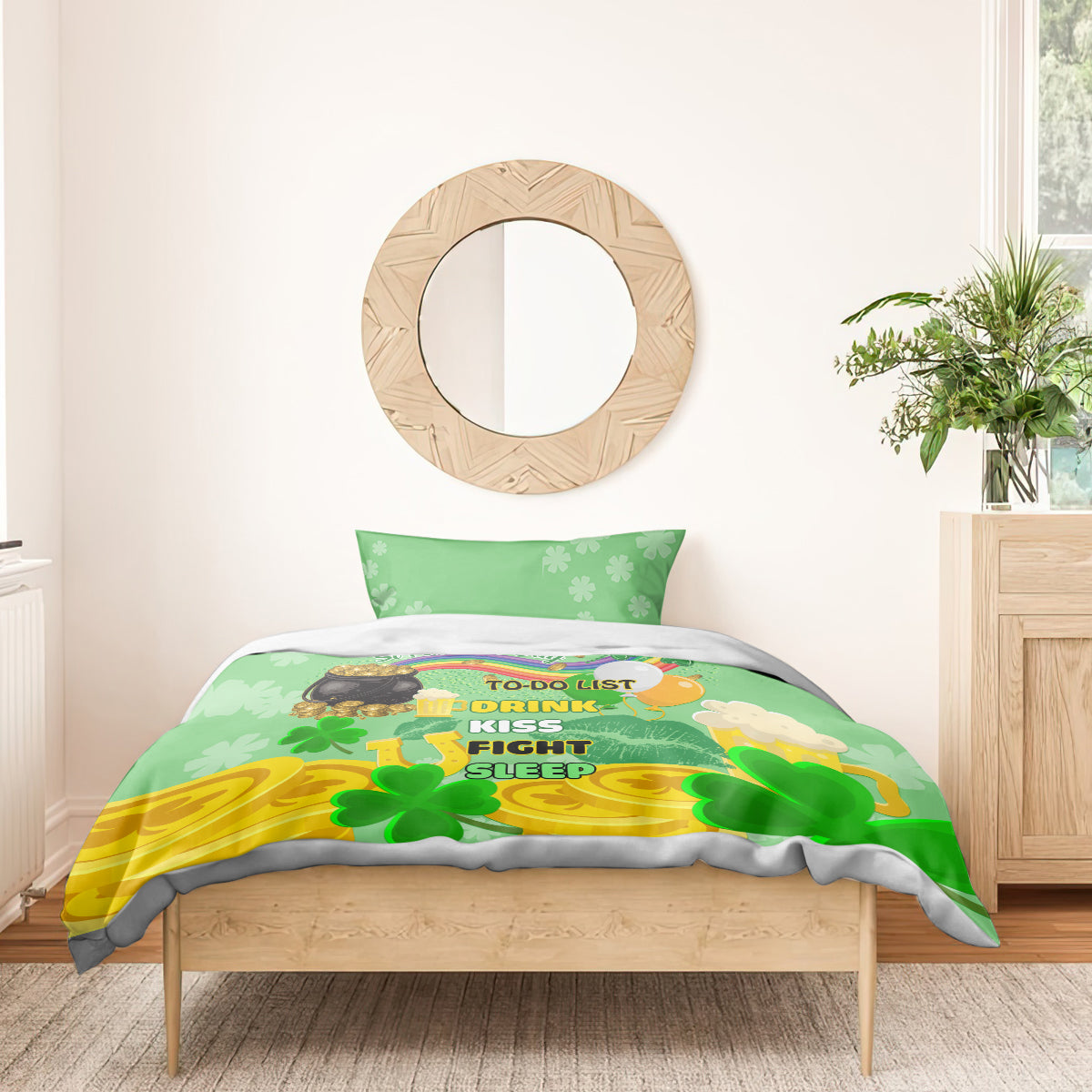 Green Saint Patrick's Day duvet with shamrock and rainbow text plus two pillowcases