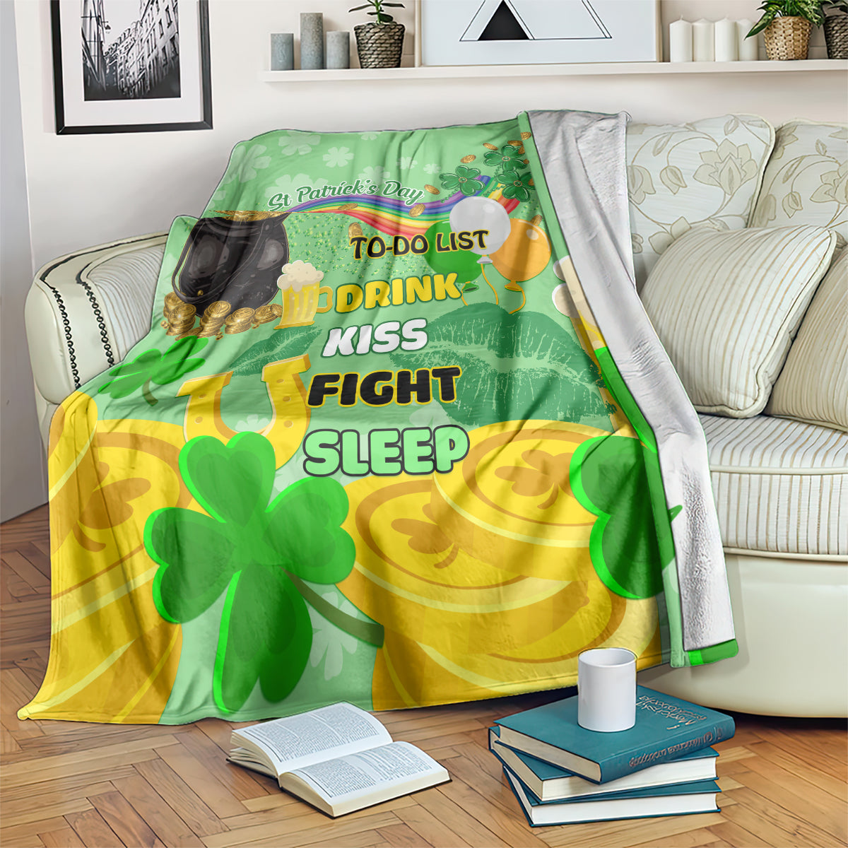 Green St. Patrick's Day blanket with clovers, rainbow, and playful list text
