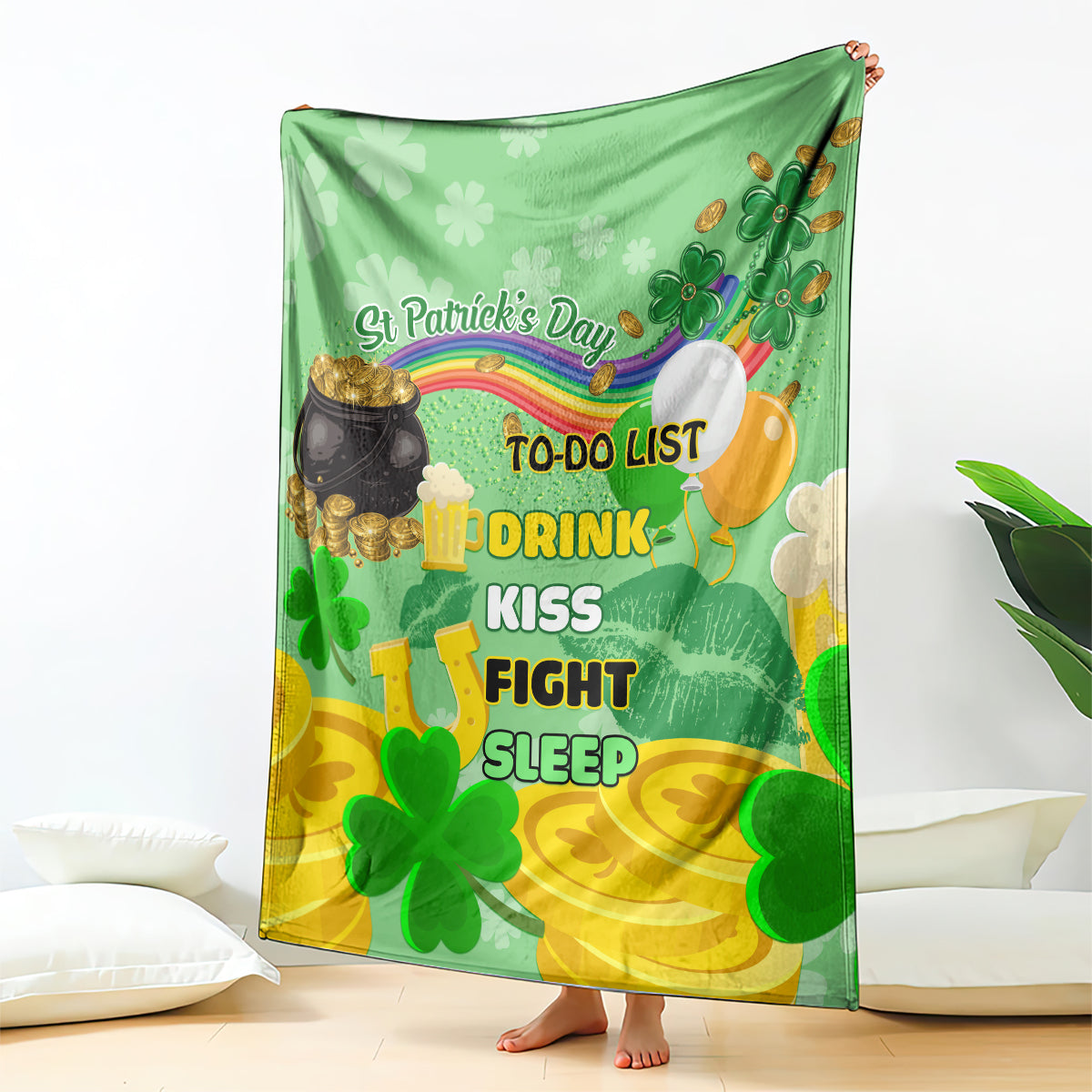 Green St. Patrick's Day blanket held upright, featuring clovers, rainbow, and TO-DO list