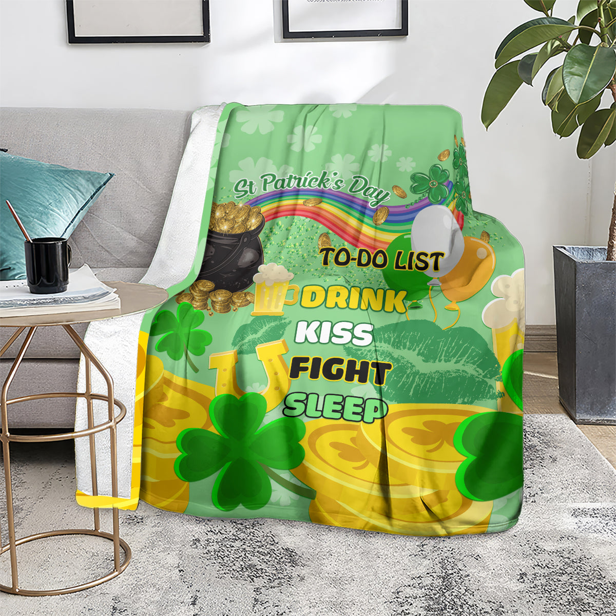 Green St. Patrick's Day blanket covering chair with clovers, rainbow, and TO-DO text