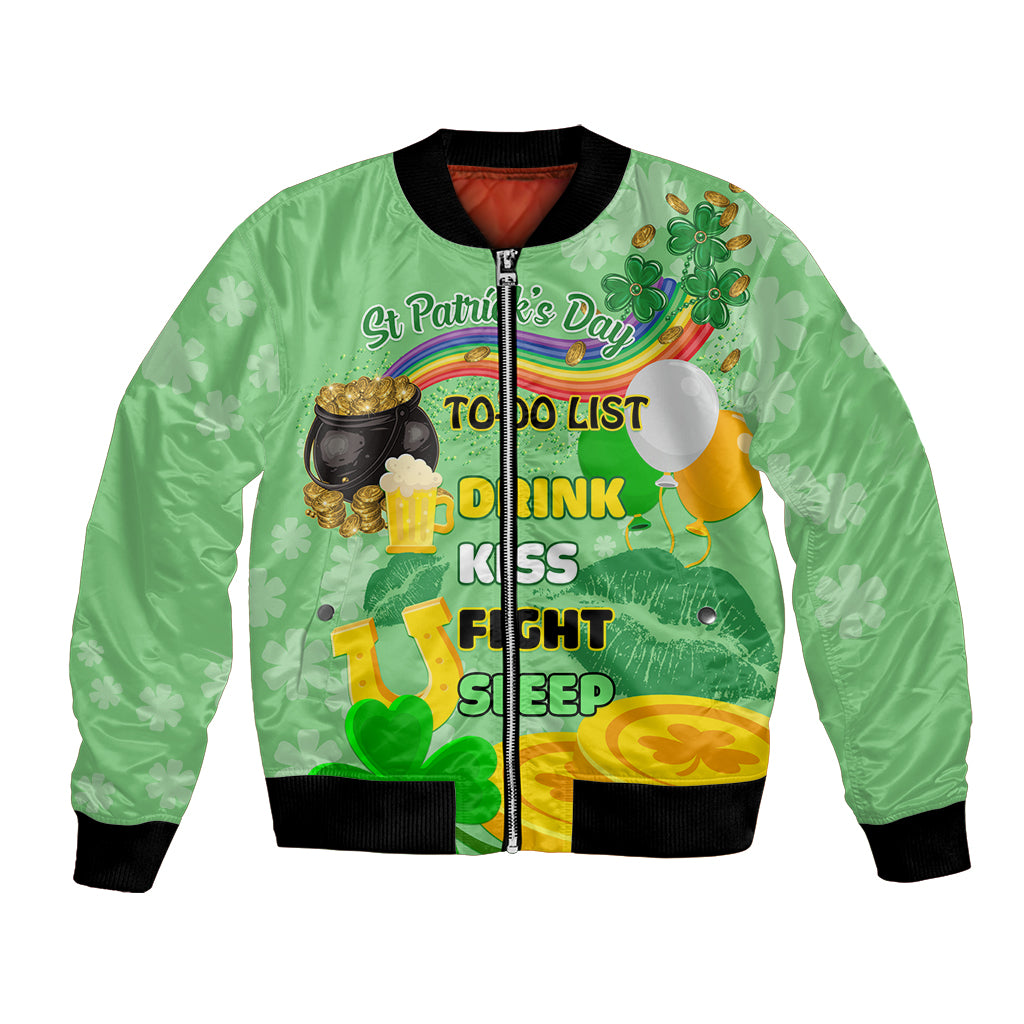 Green unisex bomber jacket with shamrock beer graphics and 'To Do List' print