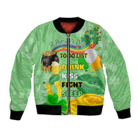 Green unisex bomber jacket with shamrock beer graphics and 'To Do List' print