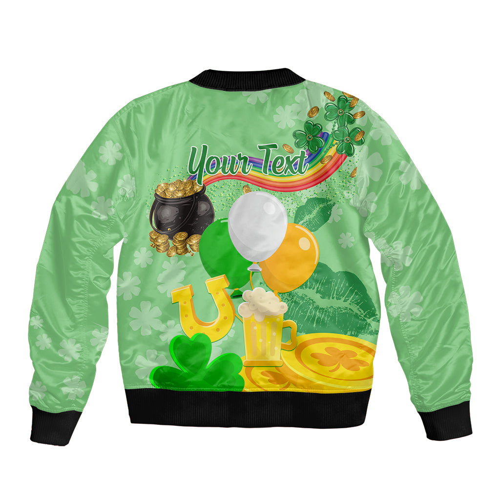 Green unisex bomber jacket, back print with 'Your Text,' balloons, beer and shamrocks