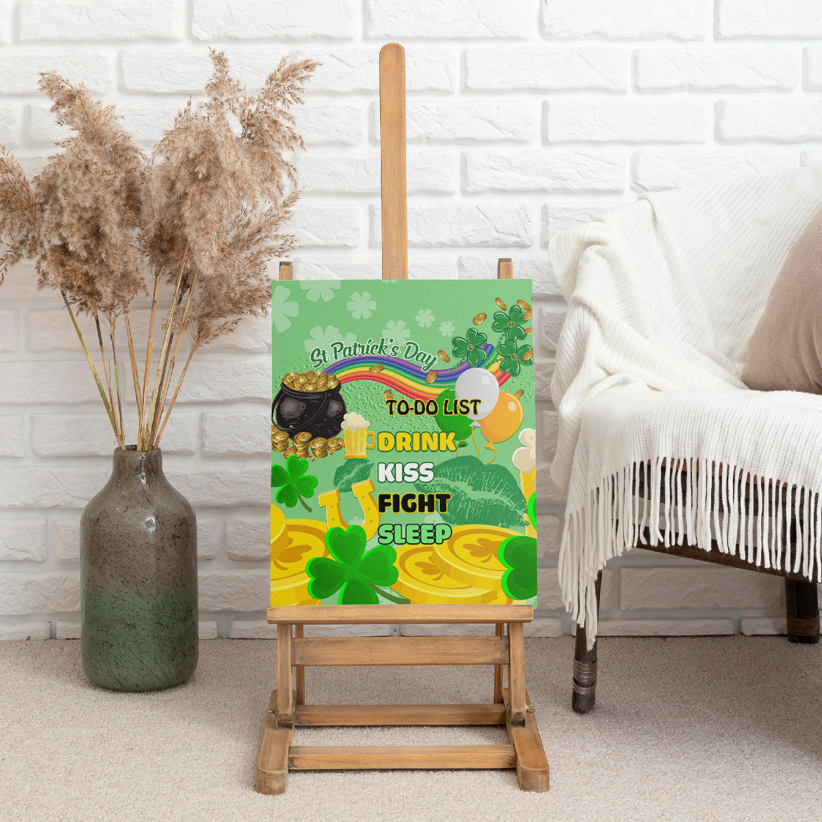 Green canvas wall art on wooden easel with shamrocks and to-do list wording