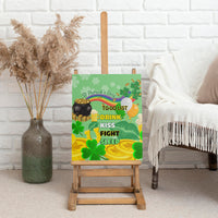 Green canvas wall art on wooden easel with shamrocks and to-do list wording