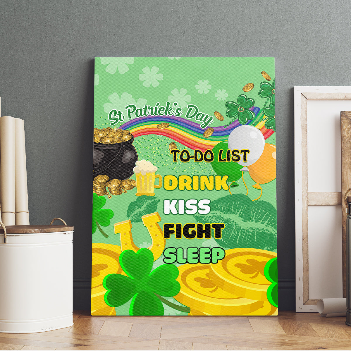Green canvas wall art with St. Patrick’s Day title, shamrocks, and DRINK/KISS/FIGHT/SLEEP
