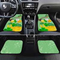 Green St. Patrick car mats with shamrocks, beer, and “Your Text” (front pair)