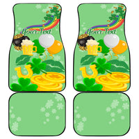 Set of 4 green St. Patrick car mats with shamrocks, beer, and “Your Text”