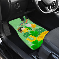 Green St. Patrick car mat with shamrocks, beer, and “Your Text” (rear seat)