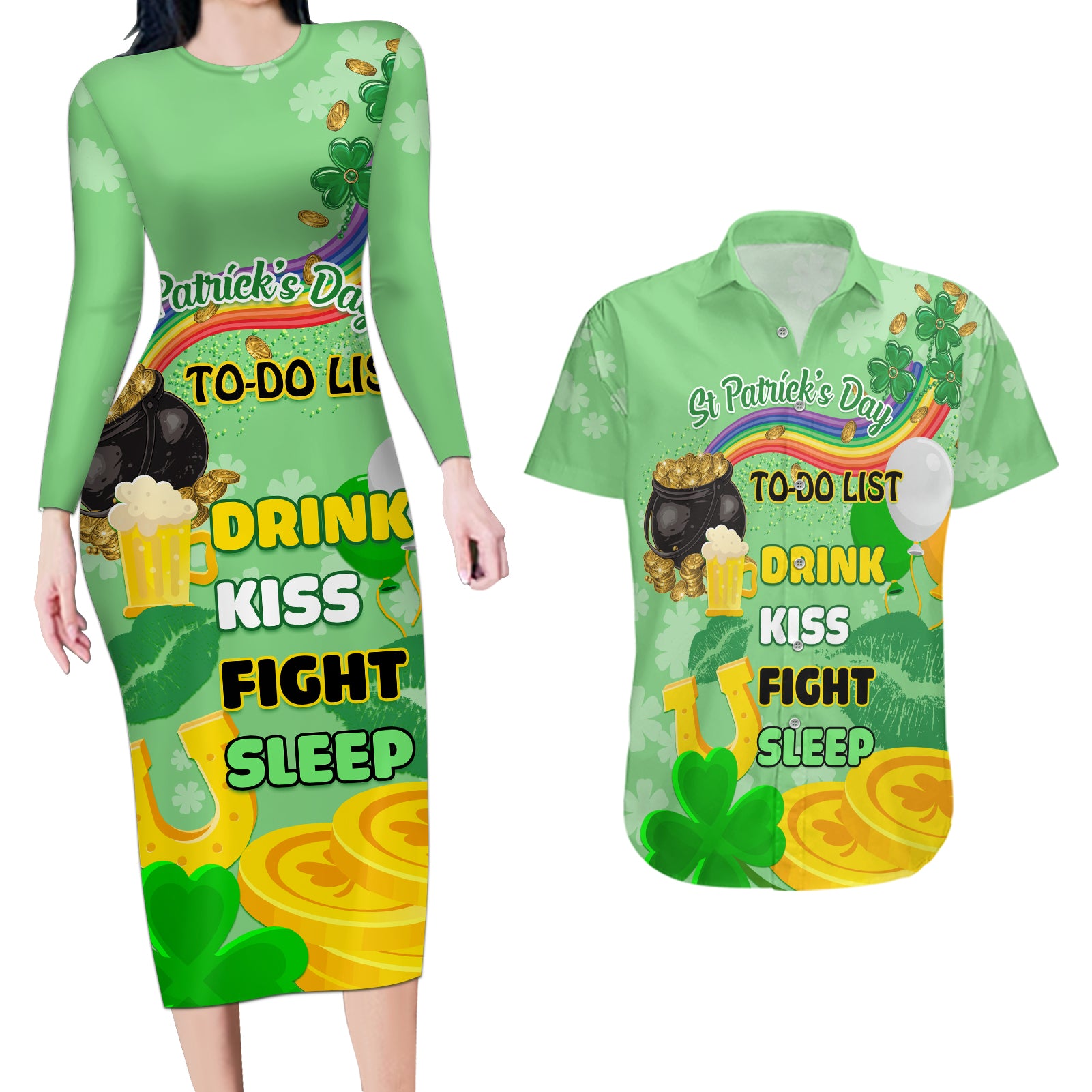 Saint Patrick Day Couples Matching Long Sleeve Bodycon Dress and Hawaiian Shirt Shamrock To Do List - Wonder Print Shop