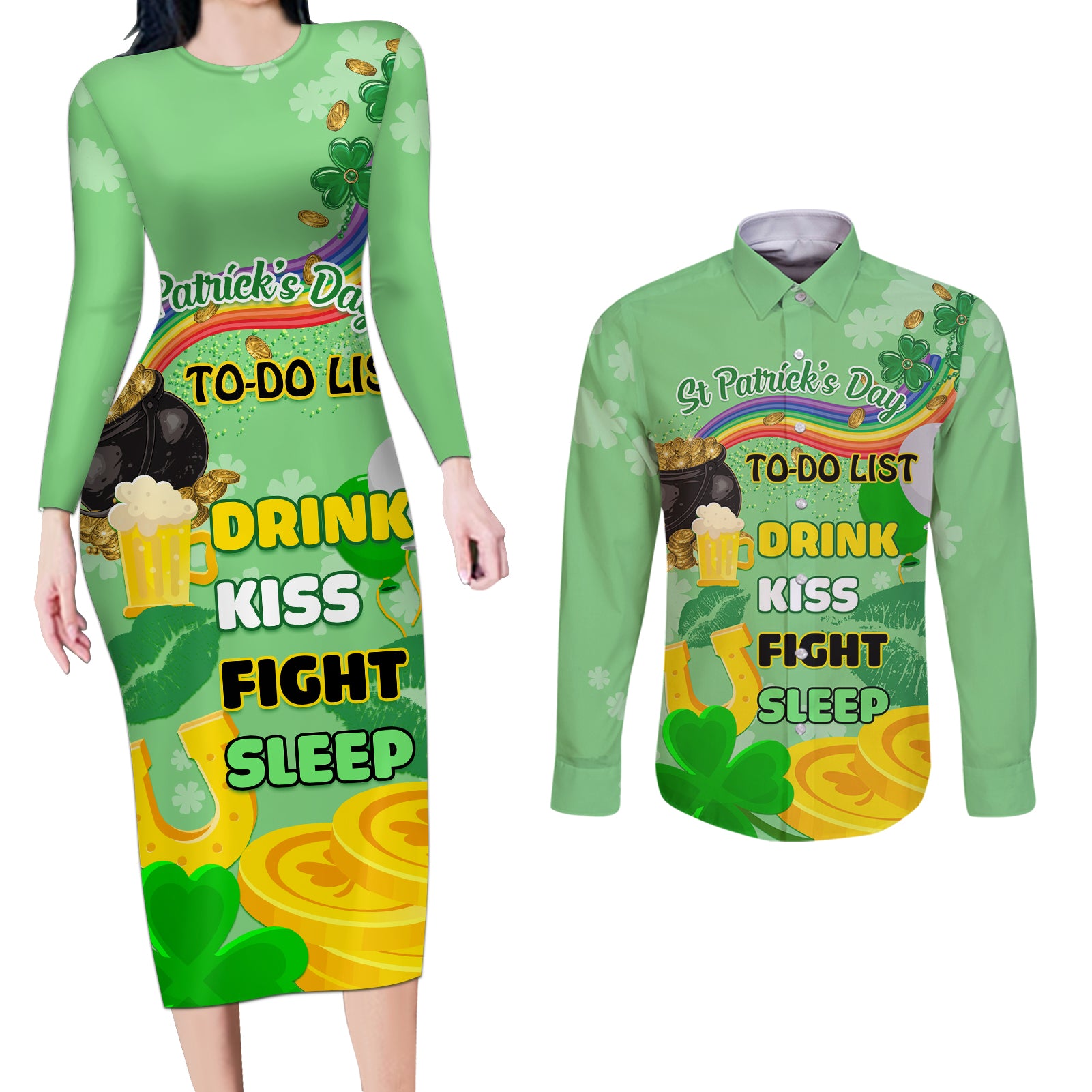 Saint Patrick Day Couples Matching Long Sleeve Bodycon Dress and Long Sleeve Button Shirt Shamrock To Do List - Wonder Print Shop