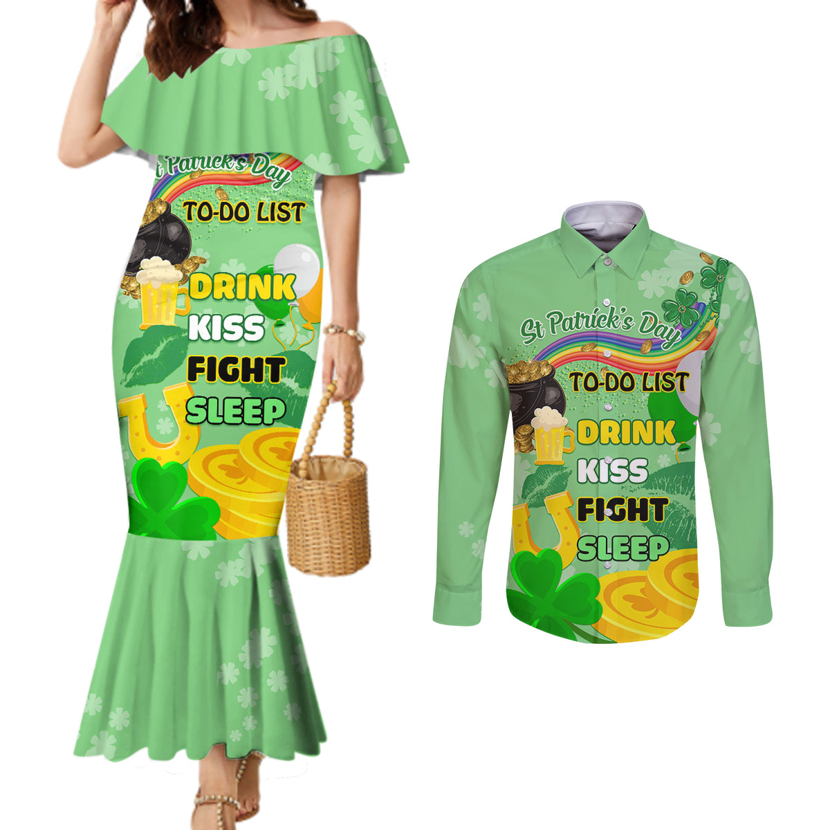 Saint Patrick Day Couples Matching Mermaid Dress and Long Sleeve Button Shirt Shamrock To Do List