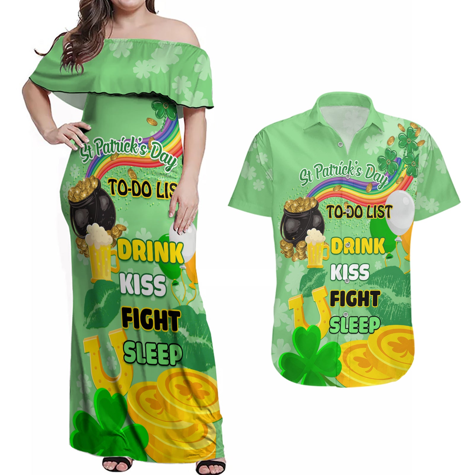 Saint Patrick Day Couples Matching Off Shoulder Maxi Dress and Hawaiian Shirt Shamrock To Do List - Wonder Print Shop