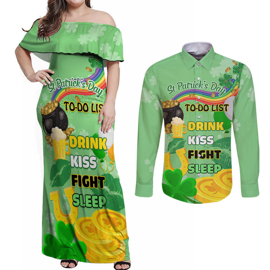 Saint Patrick Day Couples Matching Off Shoulder Maxi Dress and Long Sleeve Button Shirt Shamrock To Do List - Wonder Print Shop