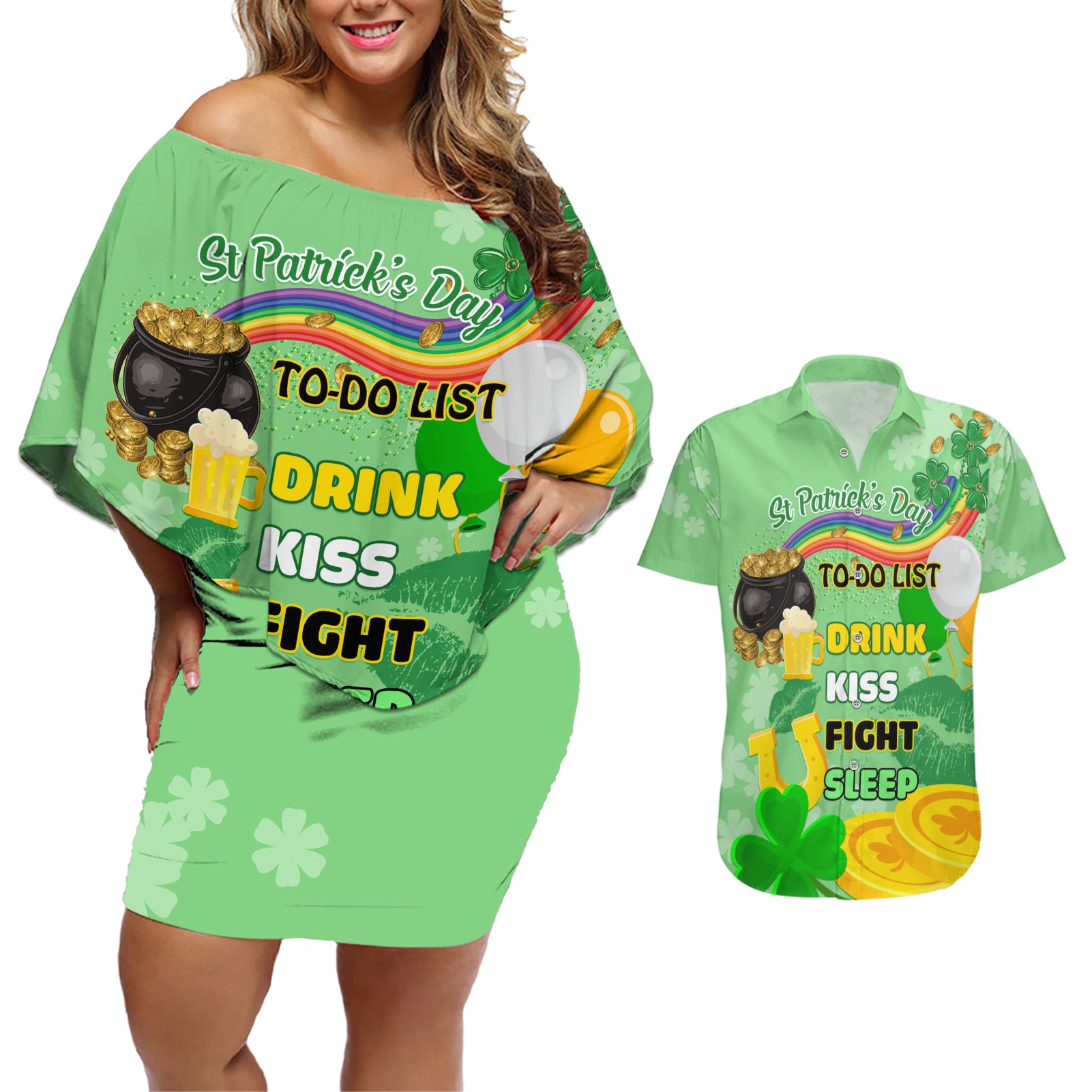 Saint Patrick Day Couples Matching Off Shoulder Short Dress and Hawaiian Shirt Shamrock To Do List - Wonder Print Shop