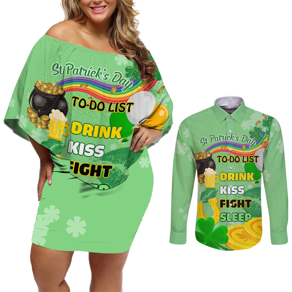 Saint Patrick Day Couples Matching Off Shoulder Short Dress and Long Sleeve Button Shirt Shamrock To Do List - Wonder Print Shop