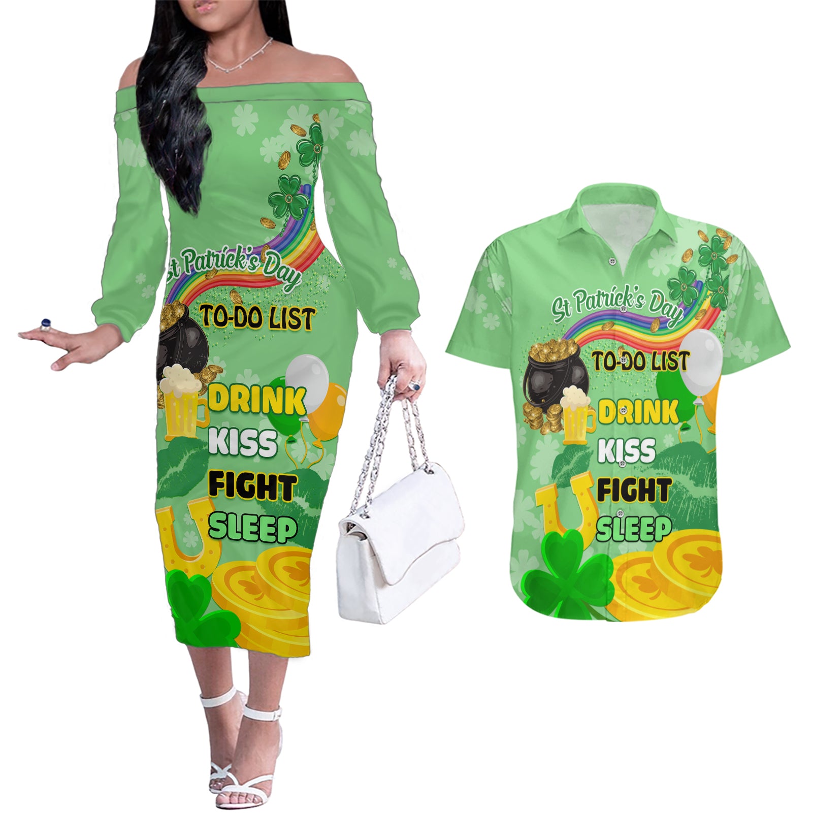 Saint Patrick Day Couples Matching Off The Shoulder Long Sleeve Dress and Hawaiian Shirt Shamrock To Do List - Wonder Print Shop