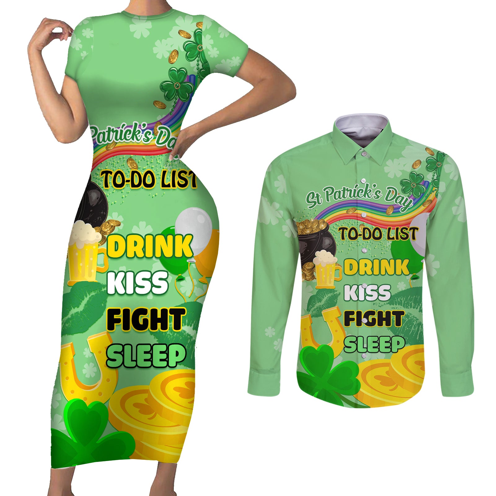 Saint Patrick Day Couples Matching Short Sleeve Bodycon Dress and Long Sleeve Button Shirt Shamrock To Do List - Wonder Print Shop