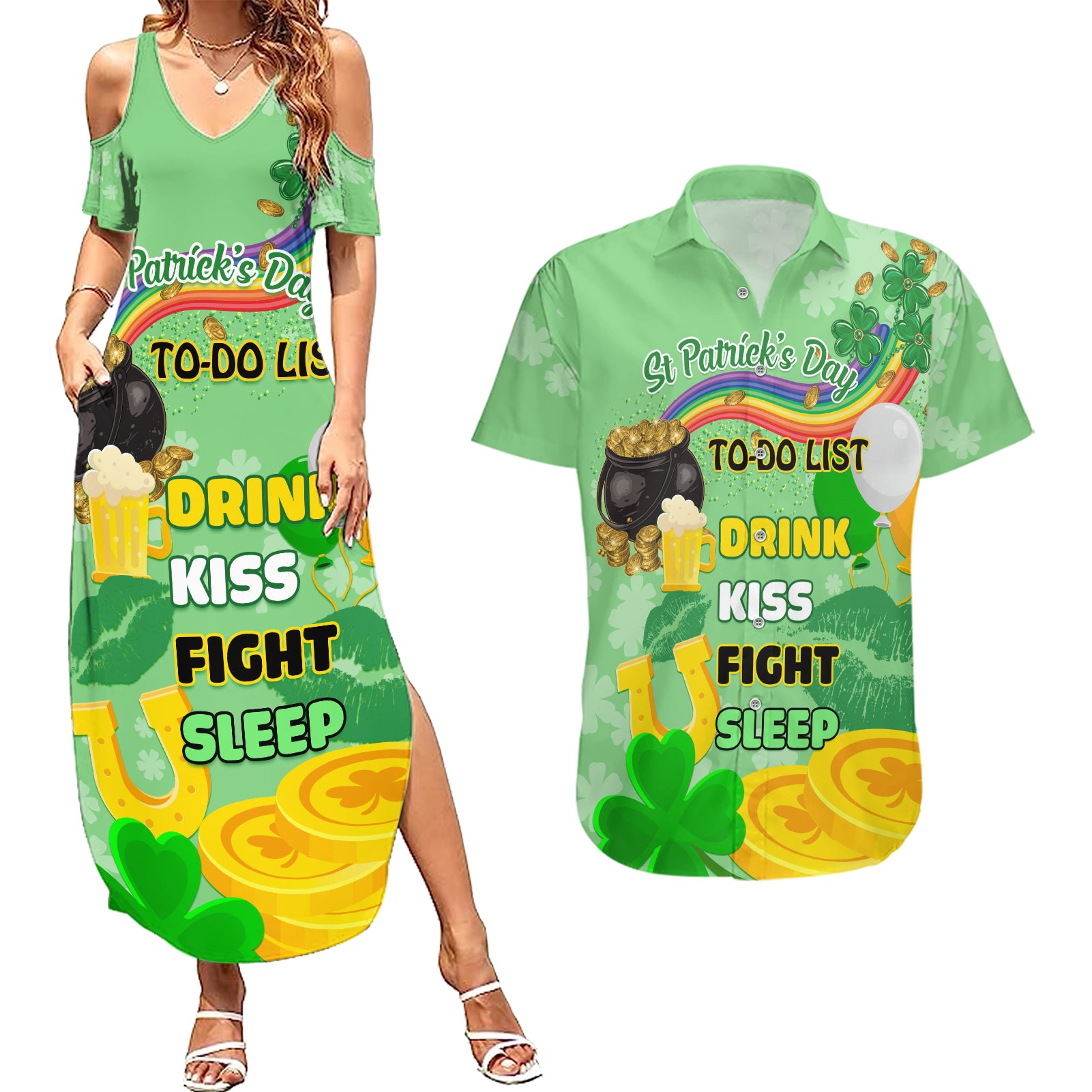 Saint Patrick Day Couples Matching Summer Maxi Dress and Hawaiian Shirt Shamrock To Do List - Wonder Print Shop