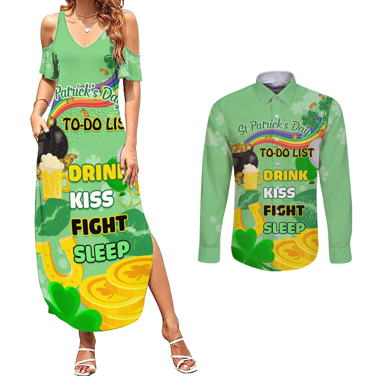 Saint Patrick Day Couples Matching Summer Maxi Dress and Long Sleeve Button Shirt Shamrock To Do List - Wonder Print Shop