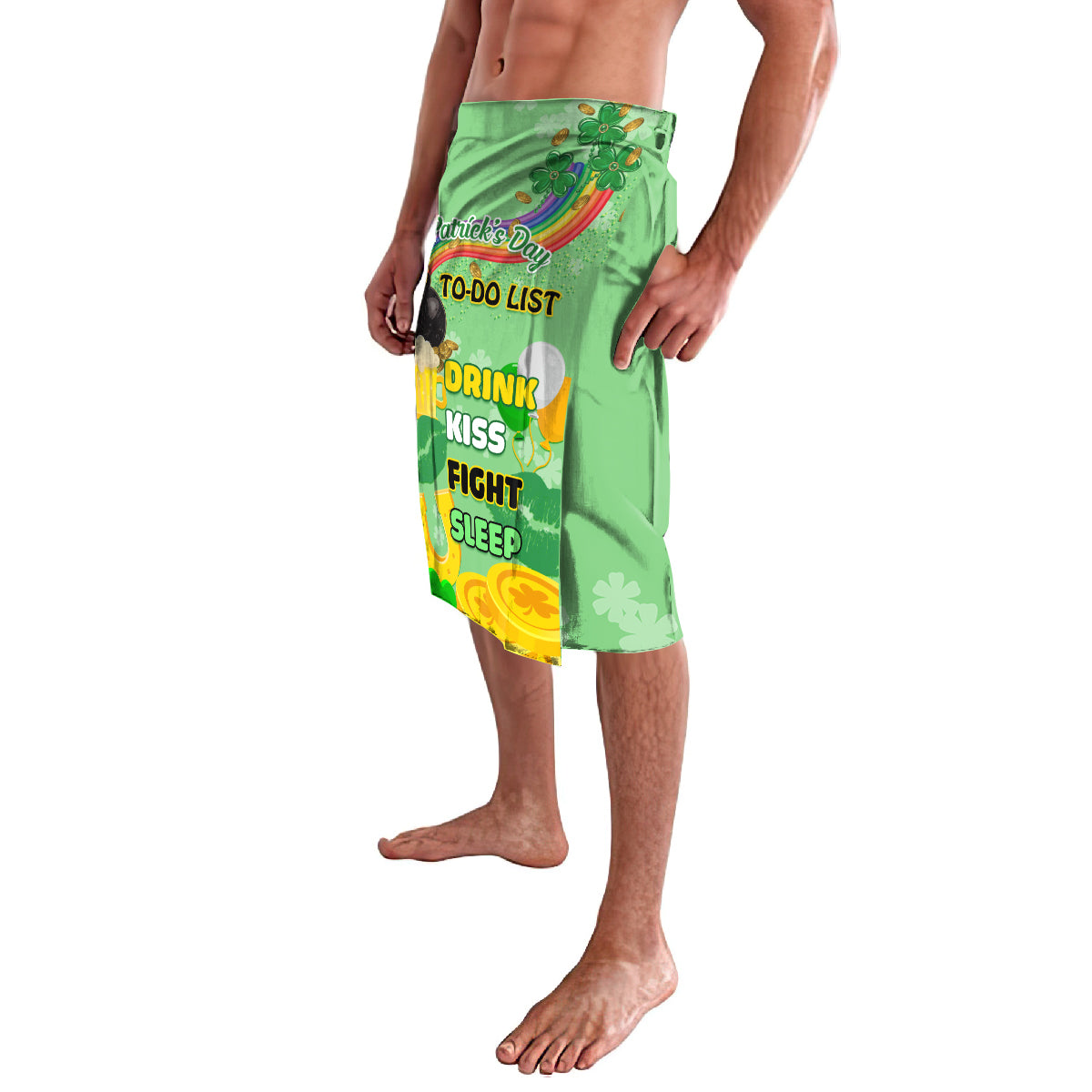 Green sarong skirt with shamrock print and 'To-Do List' panel on the side