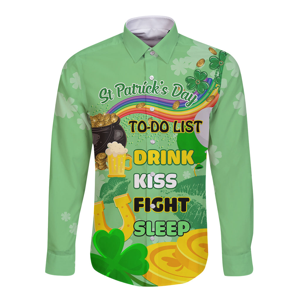 Green unisex long-sleeve button shirt with St. Patrick's Day checklist graphic