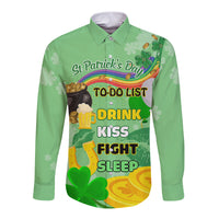 Green unisex long-sleeve button shirt with St. Patrick's Day checklist graphic