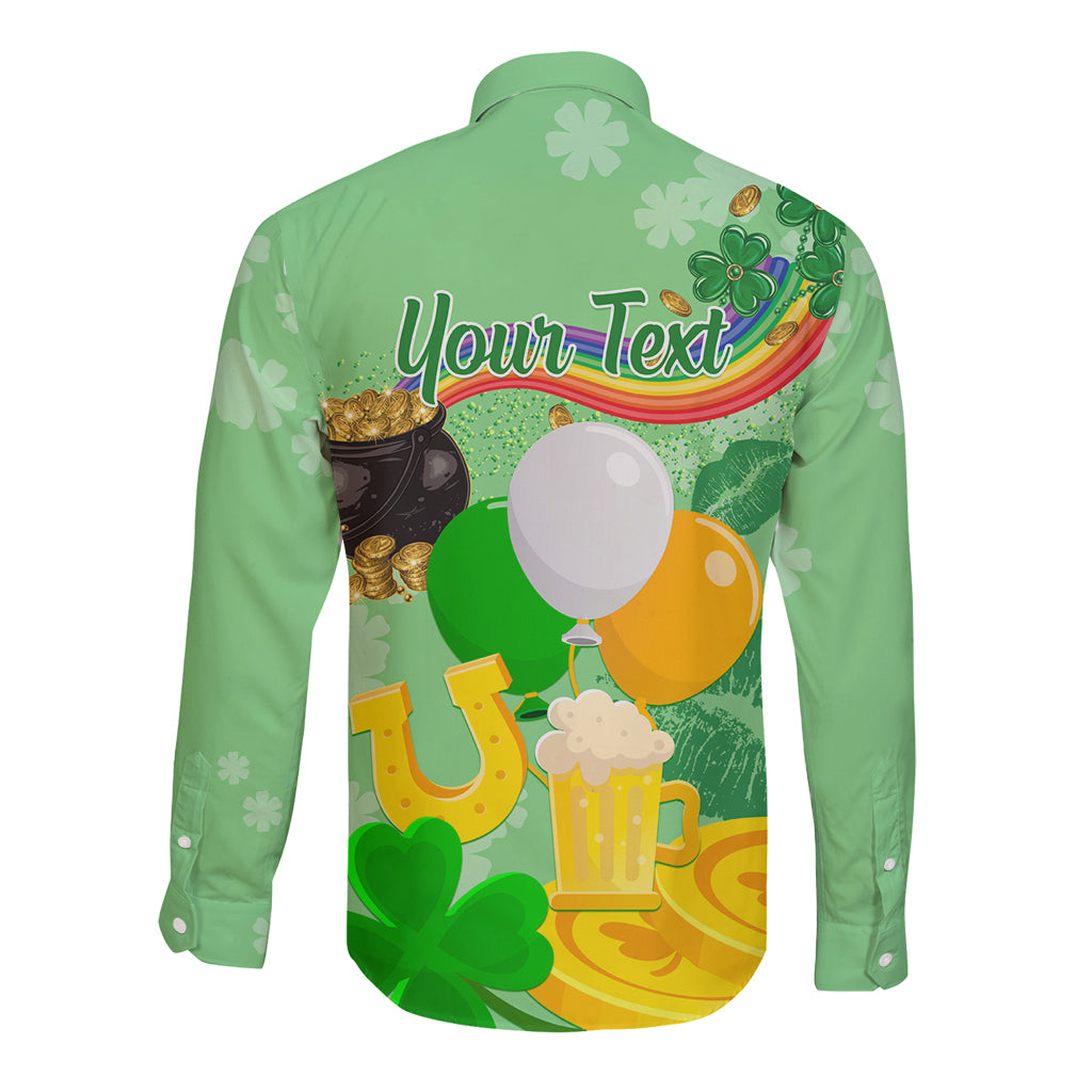 Green unisex long-sleeve button shirt, back graphic with balloons and shamrocks
