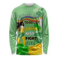 Green long-sleeve St. Patrick's Day shirt with to-do list graphic and shamrocks