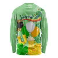 Green long-sleeve St. Patrick's Day shirt back with your text, balloons, beer mugs