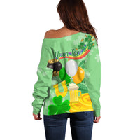 Green off-shoulder sweater, back view, balloon and shamrock print with 'Your Text' area