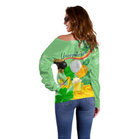 Green off-shoulder sweater, back view, shamrock and balloons with 'Your Text' area