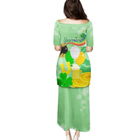 Green long dress, back view with shamrock and yellow bottle graphic, short sleeves
